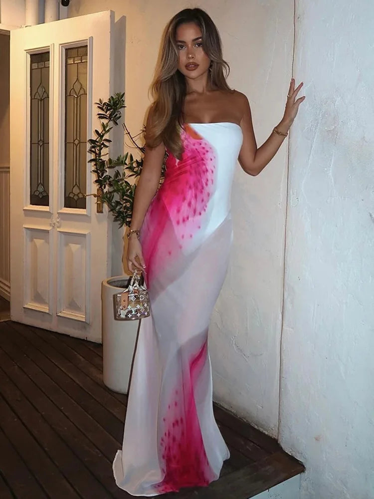 BXOXO Floral Print Strapless Sexy Maxi Dress For Women Gown Patchwork Off-shoulder Backless Sleeveless Print Long Dress