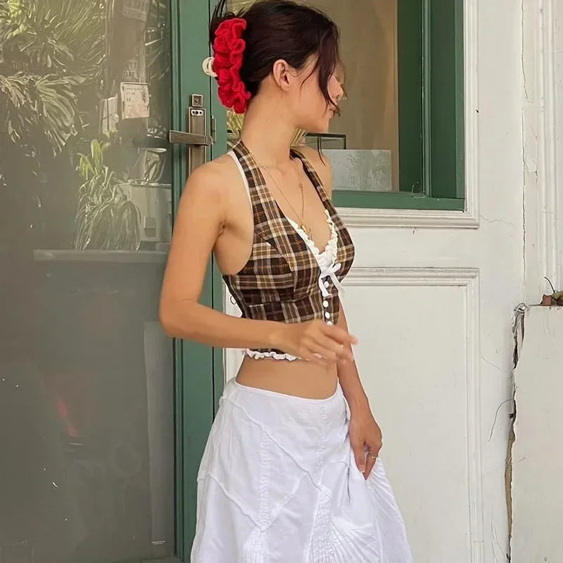 BXOXO Vintage Plaid Print Halter Vest Women Y2K Korean Sexy V Neck Cardigan Tops Summer Streetwear Patchwork Female Tank