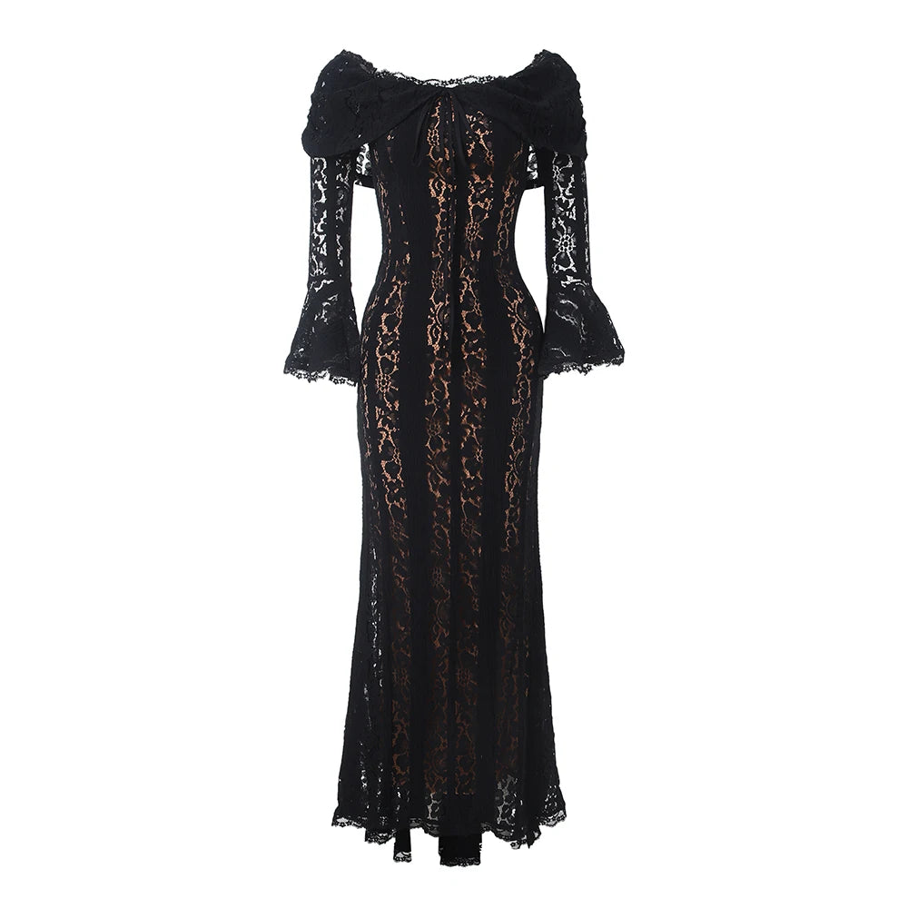 BXOXO Women's Lace Bodycon Maxi Dress Black Long Elegant Wedding Guest Party Dresses Flare Sleeve Evening Dress