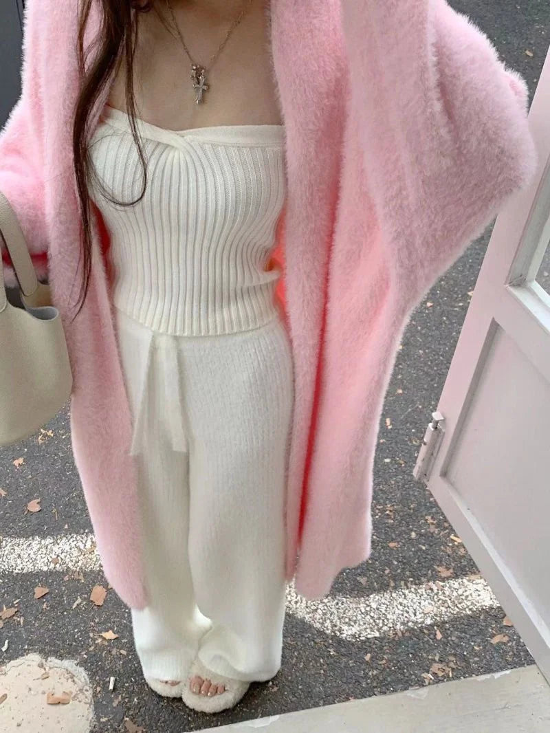 Bxoxo New Imitation Mink Coat Slimming Autumn And Winter Loose Fitting Long Sweater Thickened Lazy Knitted Cardigan Jacket White