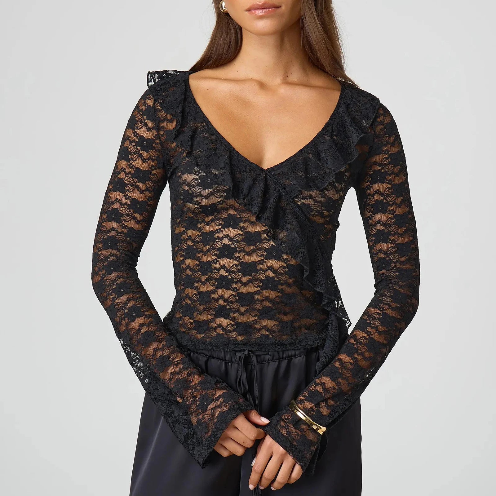 BXOXO Women Long Sleeve T-Shirts Lace Ruffles V-Neck Shirts Spring Summer Slim Fit Casual Tops Y2K Fashion Streetwear