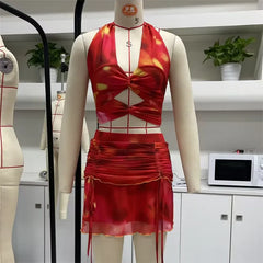 BXOXO Beach Vacation Cute Outfits for Women 2 Piece Sets Red Print Deep V Twist Halter Top + Drawstring Mini Skirt Matching Set