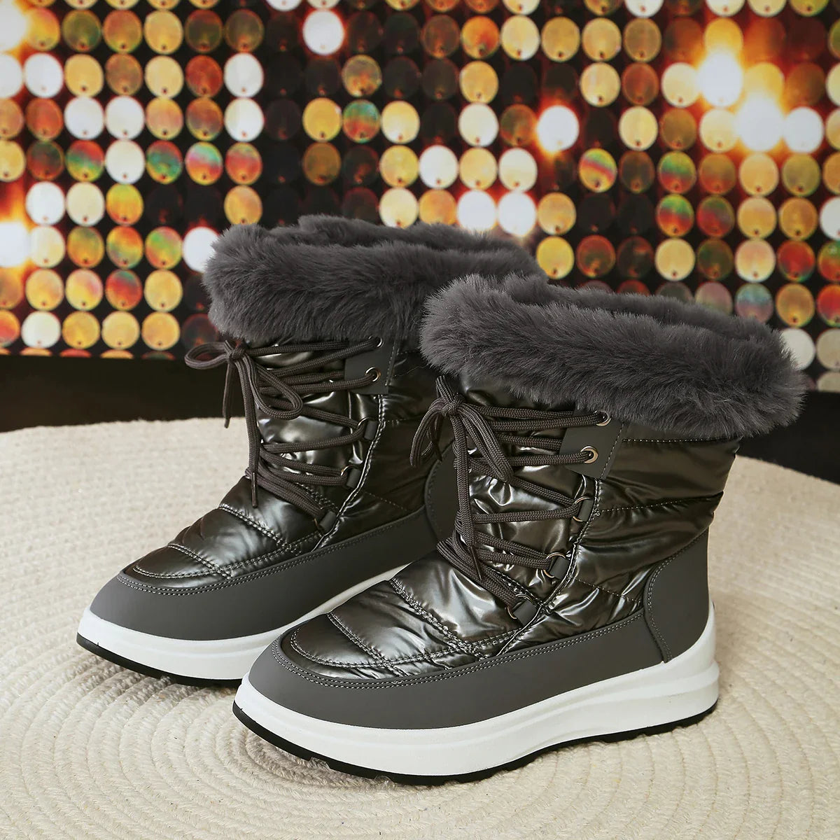 BXOXO Women's Faux Fur Ankle Boots Chunky Platform Waterproof Snow Boots Women Silver Thick Plush Warm Winter Boots Shoes Woman 43