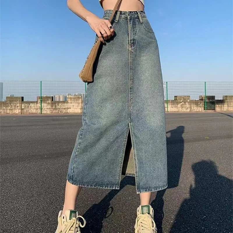 Bxoxo Summer New High-waist Slit Denim Skirt For Women Washed Retro A- line Skirt Hip-covering Straight Long Skirt