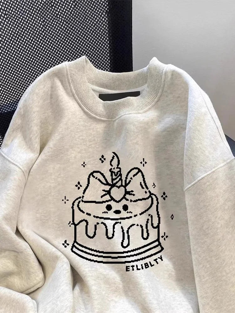 Bxoxo Cute Cake Print Sweatshirt Women Long Sleeve Loose Japan Kawaii Pullovers Fall Preppy Style O Neck Vintage Casual Sweet New Tops