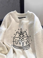 Bxoxo Cute Cake Print Sweatshirt Women Long Sleeve Loose Japan Kawaii Pullovers Fall Preppy Style O Neck Vintage Casual Sweet New Tops