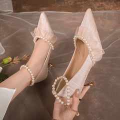 BXOXO Pearl Ankle Strap Thin Heel Pumps Women Sexy Lace String Bead Party Wedding Shoes Woman Autumn Pointed Toe High Heels Pumps