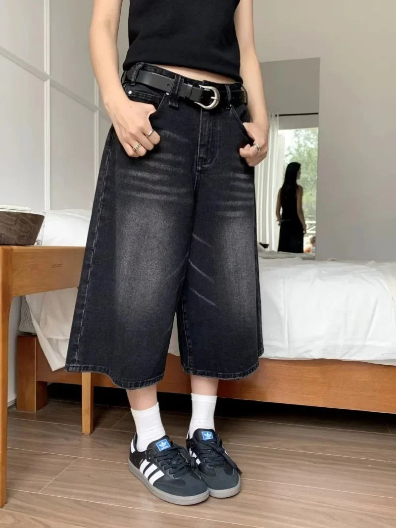 BXOXO 2025 Y2k Retro Women Low Rise Jorts Brushed Black Wash Cropped Baggy Jeans Wide Leg Frayed Denim Short Pants Acubi Fashion