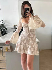 BXOXO Lace Ruffle Mini Dress Slim Sexy Backless Long Sleeve Bandage Dresses Women Summer Slim Patchwork Vacation Beach Dress