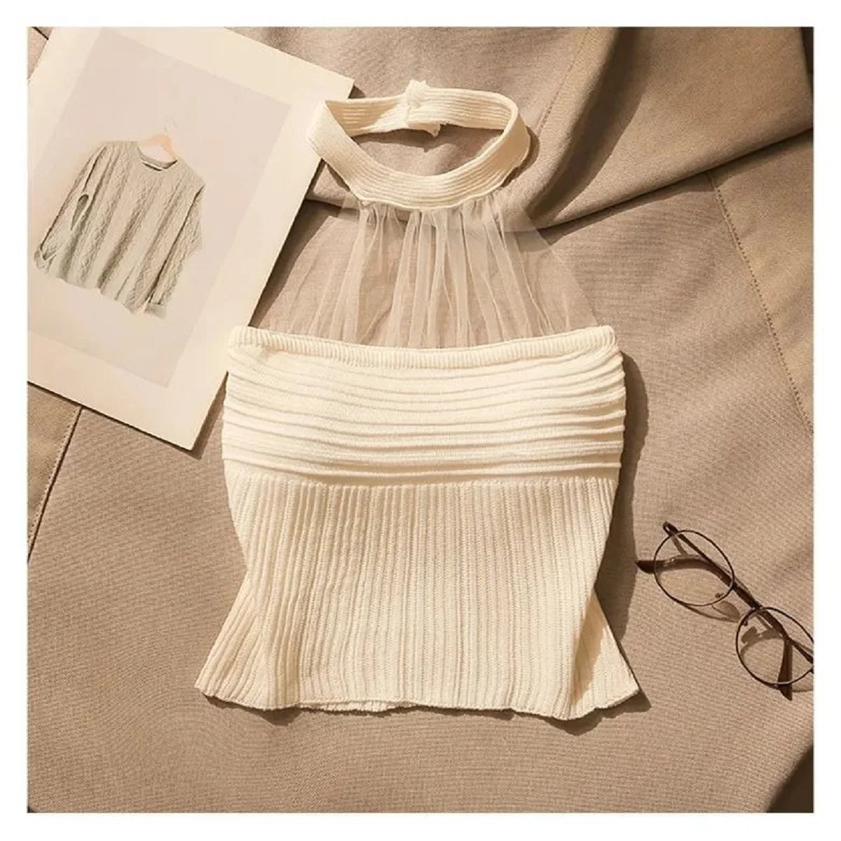 Bxoxo Mesh Halter Neck Knitted Crop Camis Women Y2K Korean Fashion Streetwear Sexy Hot Girl Knit Vest Chic Slim Pullover Tops New