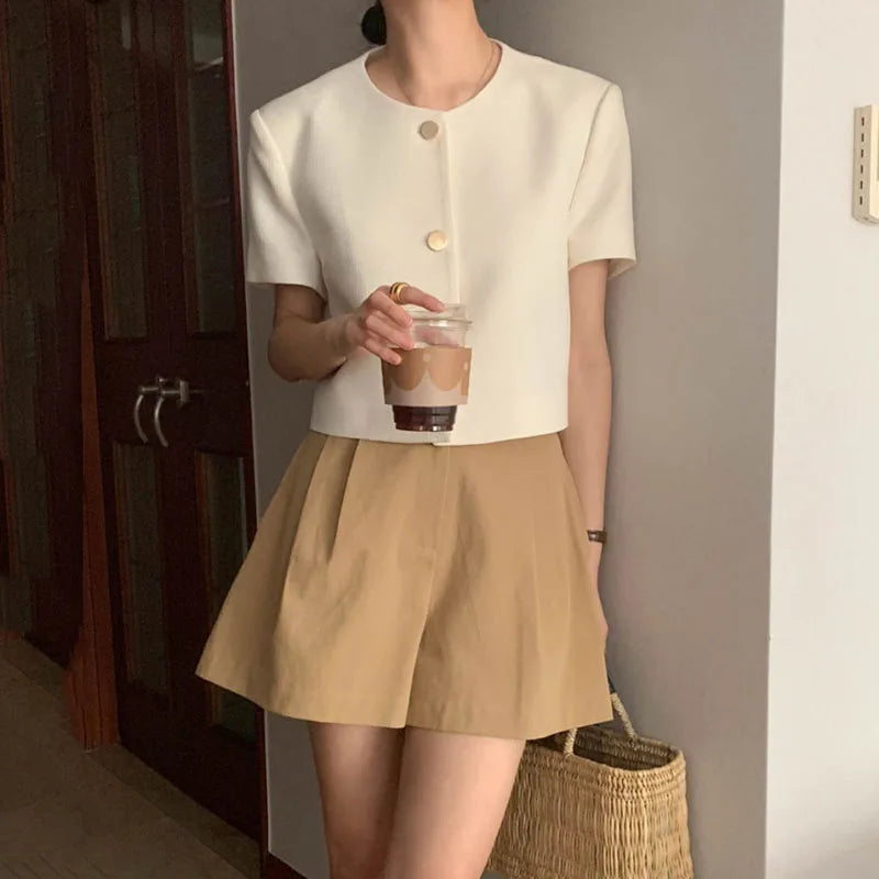 Bxoxo Korean Chic Short Sleeve Jacket Women Summer Fashion Single Breasted O Neck Coats Y2K Solid All-Match Ladies Short Jackets
