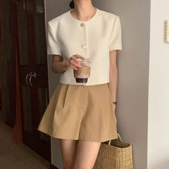 Bxoxo Korean Chic Short Sleeve Jacket Women Summer Fashion Single Breasted O Neck Coats Y2K Solid All-Match Ladies Short Jackets
