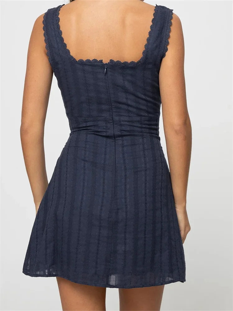 Bxoxo Women Summer Lace Short Mini Tank Dress Sleeveless Square Neck Lace Trim Solid Color A-line Dress Female Vestido 2024