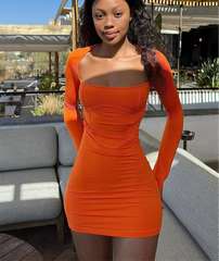 BXOXO Casual Solid Mini Dress Women Classic Basic Long Sleeve Square Neck Long Sleeve Skinny Vestidos Female Trend Autumn Robe