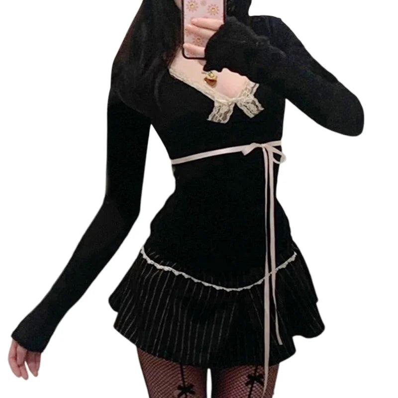 Bxoxo Fairy Grunge Top y2k Women Clothes Lace Trim V Neck Long Sleeve T Shirt with Bow Coquette Clothing 2000s Streetwear