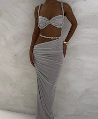 BXOXO Woven Sexy Women 2 Piece Set Stunning Hot Solid Pleated Crop Camisoles+High Waist Maxi Skirts Female Trend Vacation Outfit
