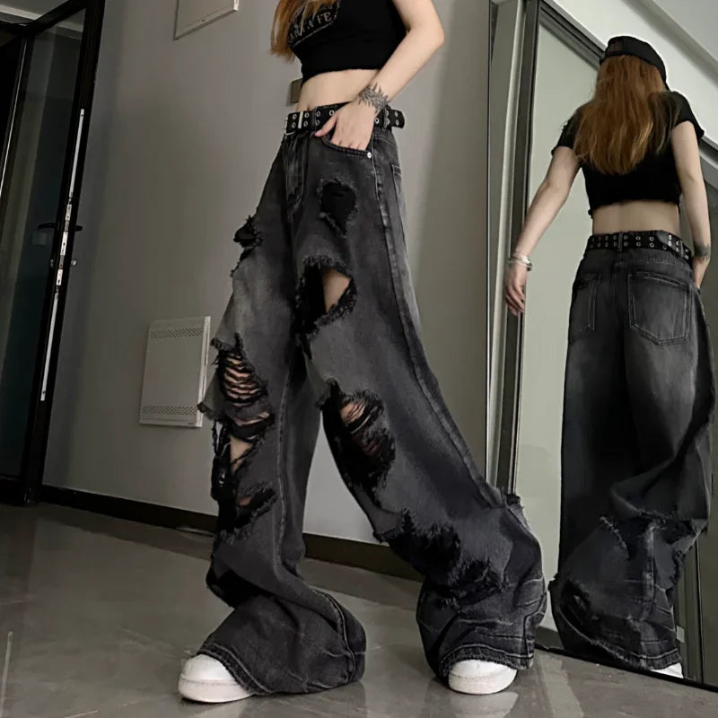 BXOXO Women's Distressed Design Wide Leg Hole Jeans Summer New Street Unisex Style Trousers Loose High Waist Straight Denim Pants