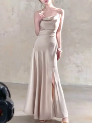 Bxoxo Women's Sexy Party Elegant Pleated Dress 2025 French New Fashion Vacation Evening Solid Satin Split Sleeveless Long Dress Summer