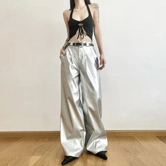 Bxoxo Silver Pu Leather Women Wide Leg Pants Autumn High Waist Streetwear Loose Punk Trousers Y2K Korean Fashion Casual Straight Leg