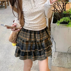 BXOXO Plaid Ruffle Mini Skirt Women Kawaii Japanese Style Harajuku Vintage Short Skirts Cutecore Street Pleated Layered Skirt