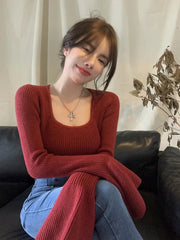 Bxoxo Y2K Women Knitted Pullovers Autumn Sexy Slim Lace-Up Crop Sweater Lady Korean Fashion Streetwear All-Match Flare Sleeve Knitwear