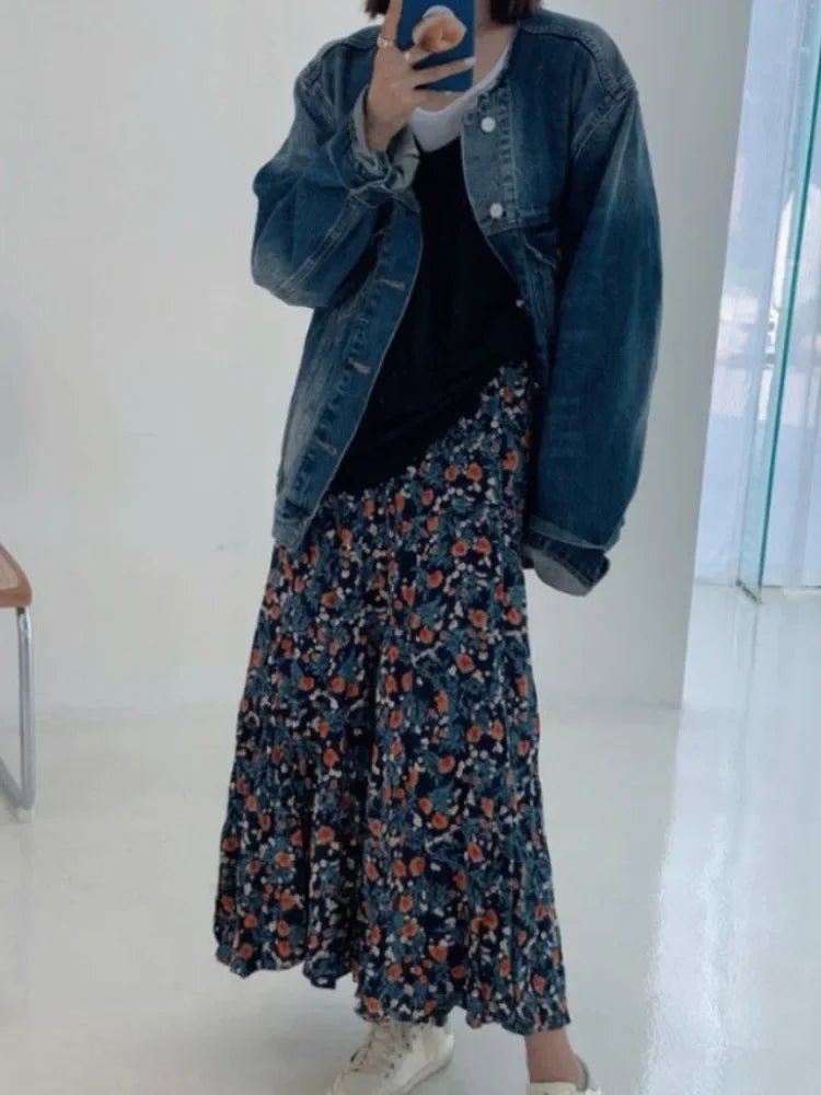 BXOXO Vintage Blue Flower Print Skirt for Women Summer New High Waist A-line Skirts Lazy All-match Mid-length Loose Faldas Mujer