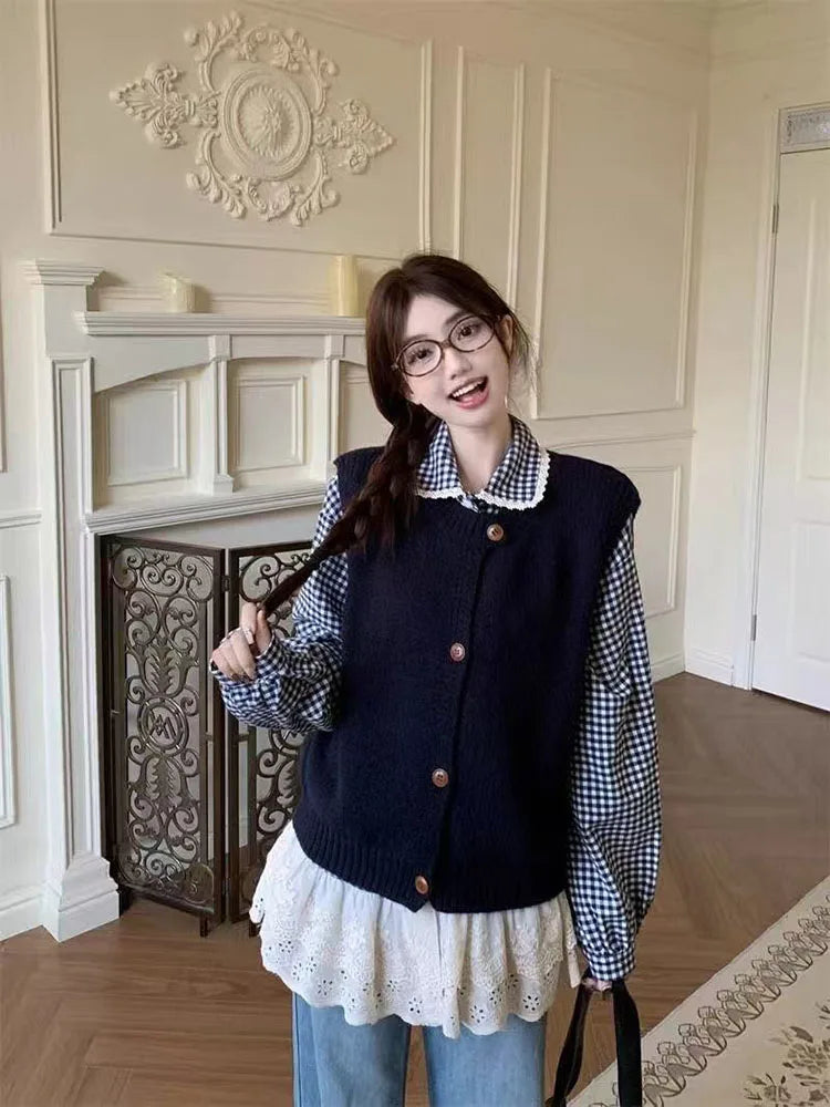 Bxoxo Sweet Knitted Cardigan Vest 2 Piece Sets Women Korean Chic Plaid Shirt Long Sleeve Tops Y2K Fashion Preppy All Match Tanks Suit
