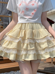 BXOXO Japanese Sweet Chiffon Lolita Blue Yellow A-Line Mini Skirt Women'S Spring Summer High Waist Kawaii Ruffles Above Knee Skirts