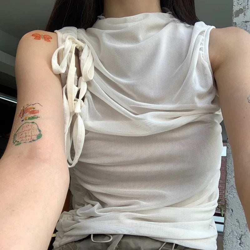 BXOXO Y2k Grunge Tops Women Hollow Out Sleeveless Mesh Tops Streetwear Vintage Retro Tank Tops Lace Up 2000s Japanese Vest