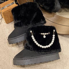 BXOXO Winter New String Bead Plush Women's Boots Warm Stylish Thick Platform Slip On Boots Faux Fur Plus Size 43 Ankle Botas Shoes