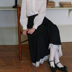 Bxoxo Japanese Style Long Skirt Women Vintage Harajuku Gothic Black Skirts Elegant Lace Patchwork Autumn Winter A-line Skirt