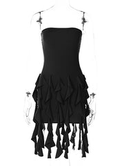 BXOXO Solid Strapless Ruffles Tassel Elegant Sexy Slim Mini Prom Dress Summer Women Y2K Outfit Evening Party Birthday