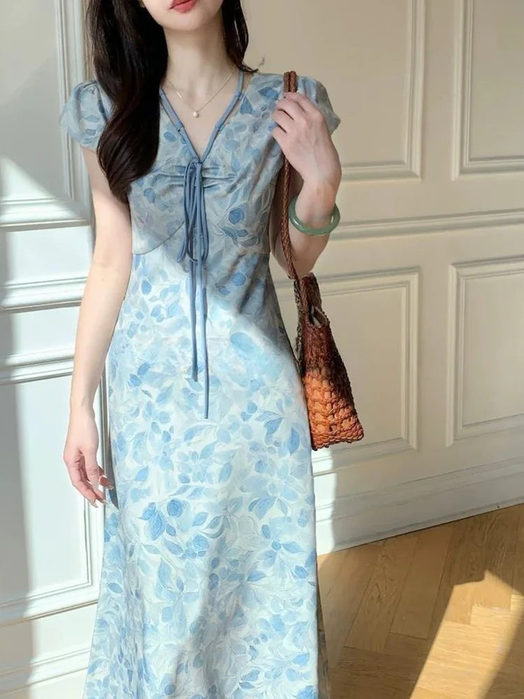 BXOXO Sweet Blue Print Long Dress Women Slim Vintage V Neck Elegant Dress Casual French Retro Lace Up Female Soft Vestidos New