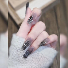 Black Square Press On Nails with 3D Cross Designs - Full Cover Acrylic False Nails for Women and Girls Detachable Long Fake nail