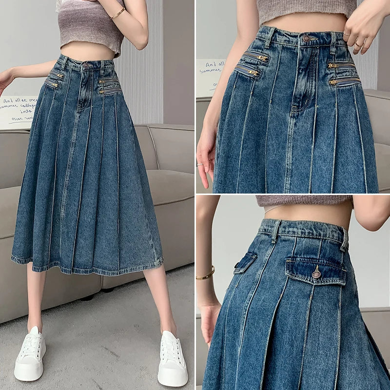 BXOXO Elegant Denim Pleated Skirt Ladies Women High Waist Harajuku Korean Style A-line Long Skirt For School Girl Casual Faldas