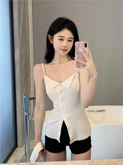 Bxoxo French Elegant Pure Camis Women Summer Sexy Spaghetti Straps Square Collar Tank Tops Korean Chic Single Breasted Female Vest