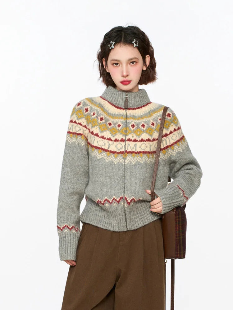 Bxoxo Vintage Harajuku Print Cardigan Sweaters Women Soft Streetwear Long Sleeve Knitted Jacket Retro American Casual Zipper Gray Tops
