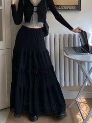 Bxoxo Elegant Lace Splicing Midi Skirt for Women Y2K Summer High Waist Chic Hollow Out A Line Skirts Korean Solid All-Match Long Skirt