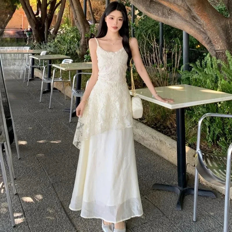 Bxoxo French Elegant Camis Dress for Women Fashion Lace Patchwork Irregular Midi Dress Summer New Beach Vacation Embroidered Vestidos