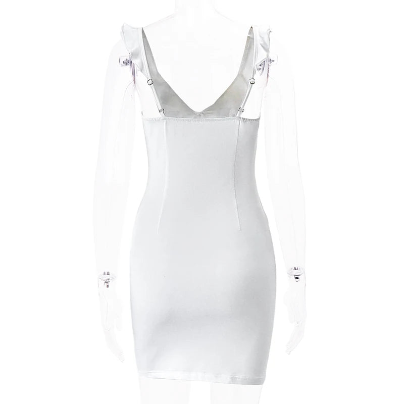 Bxoxo Solid Deep V-neck Sleeveless Dress Summer Elegant Women Ruffles Split Mini Dresses Sexy Slim Party Clubwear Vestido