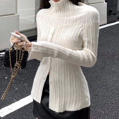 BXOXO Elegant Button Up Split Sweater Full Sleeve Casual Solid Slash Neck Knitted Jumpers for Women Korean Fashion Vintage Y2k