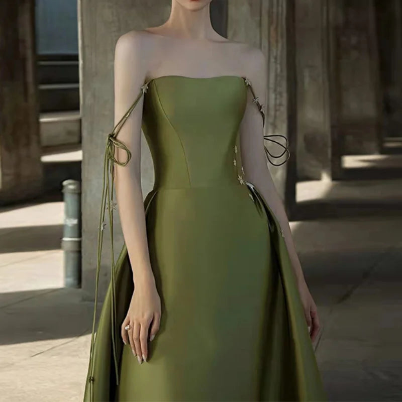 BXOXO Customized Elegant Strapless A-line Olive Green Evening Dress Vintage Spaghetti Strap Boat Neck Pleat Satin Party Prom Gown Quin