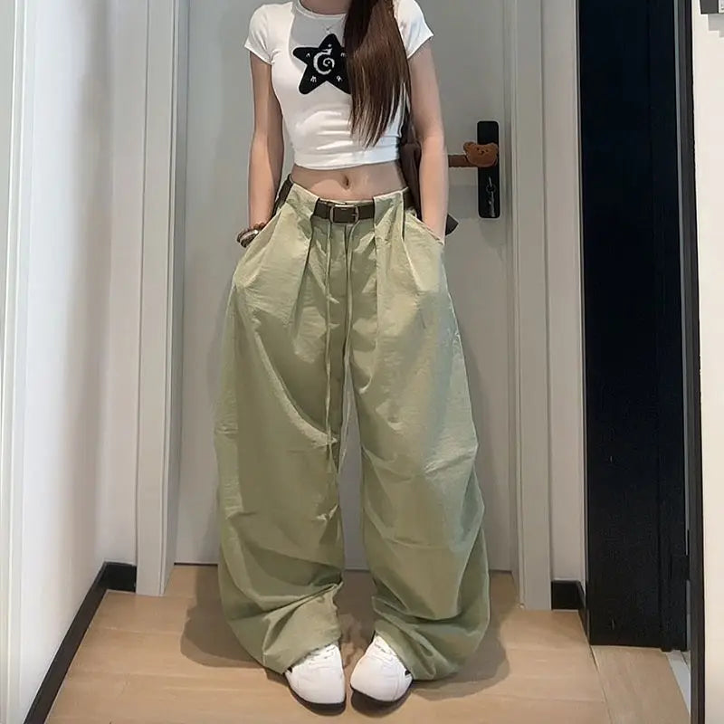 Bxoxo White Basic High Waist Wide Leg Women Pants Solid Color Korean Fashion Parachute Trousers Baggy Lace Up Youthful Summer