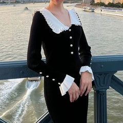 Bxoxo Elegant Knitted Long Skirt Women Black Vintage Long Sleeve Party Dresses Sweet Ruffle Patchwork Sweater Maxi Dress Slim