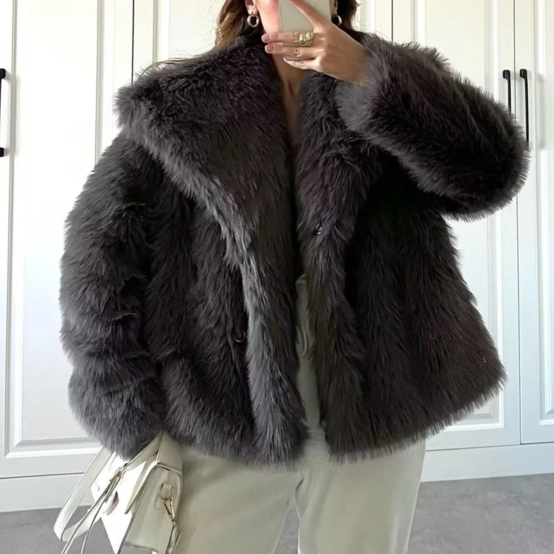 BXOXO Women Faux Fur Coat Warm Winter Long Sleeve Lapel Collar Coat Outwear Elegant Lady Fashion Jacket 90s Vintage Y2K Streetwear