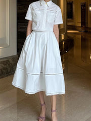 Bxoxo Elegant Two Piece Sets For Women Lapel Short Sleeve Tops High Waist A Line Pleated Skirts Solid Set Female Summer 2023