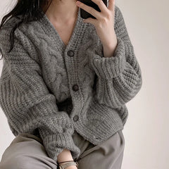 BXOXO Women Ribbed Single-breasted Loose Cardigan Sweater Coat Short Jacket Knit V-Neck Casual Sweater For Women Fall Winter