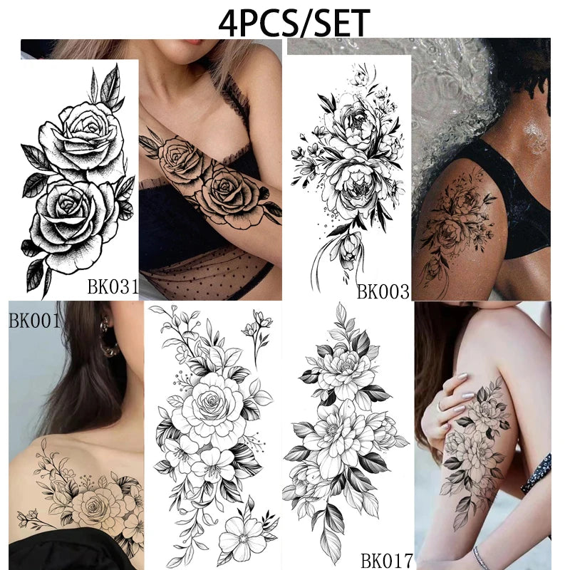 BXOXO Temporary Rose Flower Skin Tattoo Stickers Removable Blossom Flase Tattoos for Apart arm and shoulder Neck Back Flower Tattoos