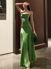 Bxoxo Women's Satin Green Evening Midi Dress Elegant Sleeveless Slit Party Holiday Dresses Slim A-line Wedding Guest Gown Vestidos New