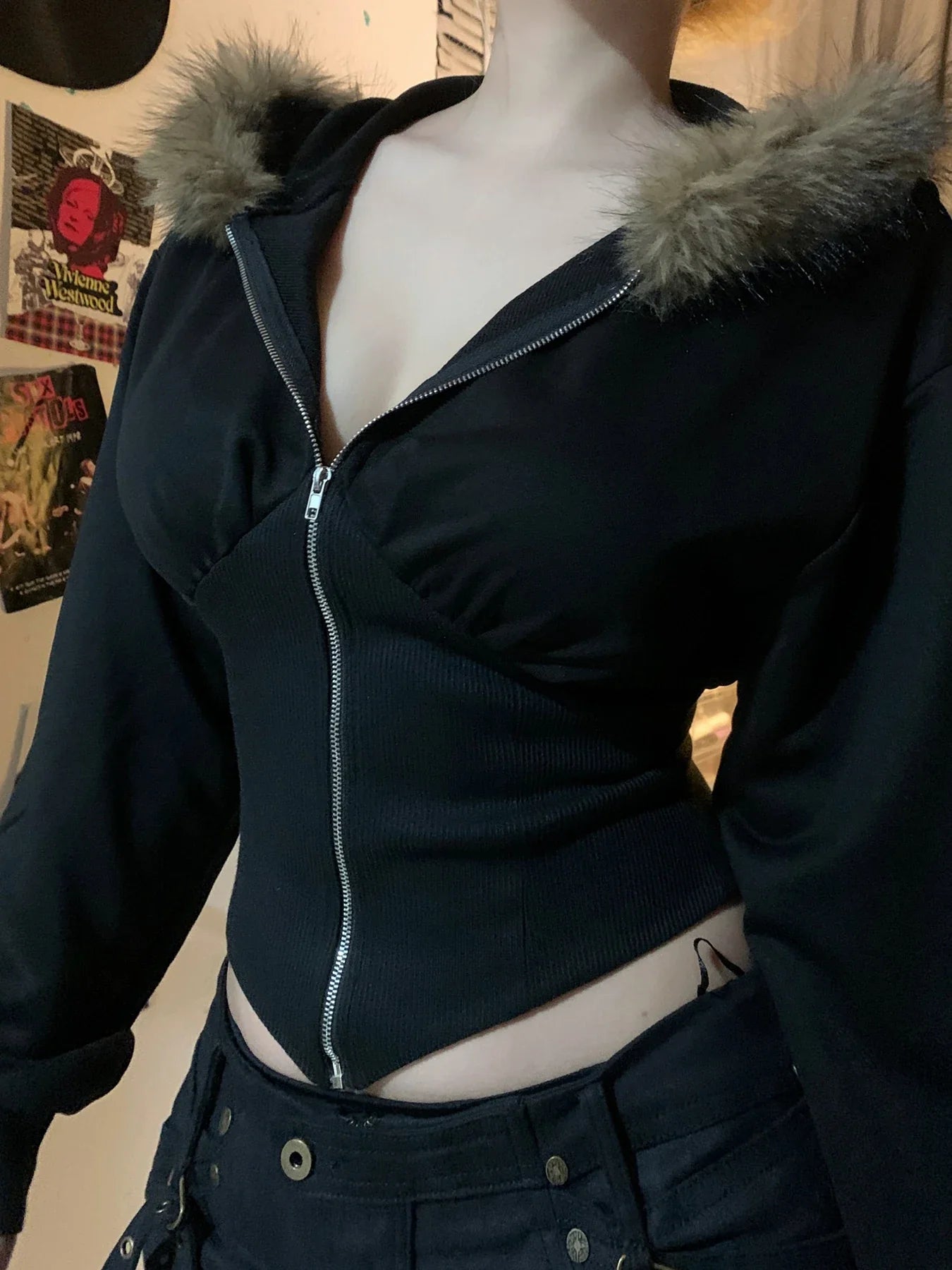 BXOXO Zip Up Fur Neck Hoodie Coats Fashion Slim Solid Y2K Vintage Women's Jackets Casual Streetwear Chic Basics Clothes